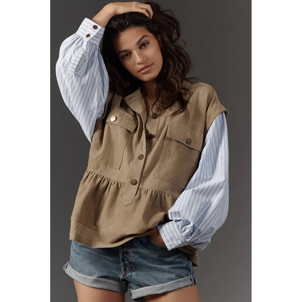 Anthropologie Pilcro Shirt Sleeve Knit Babydoll Shacket XS Utility Pullover Top